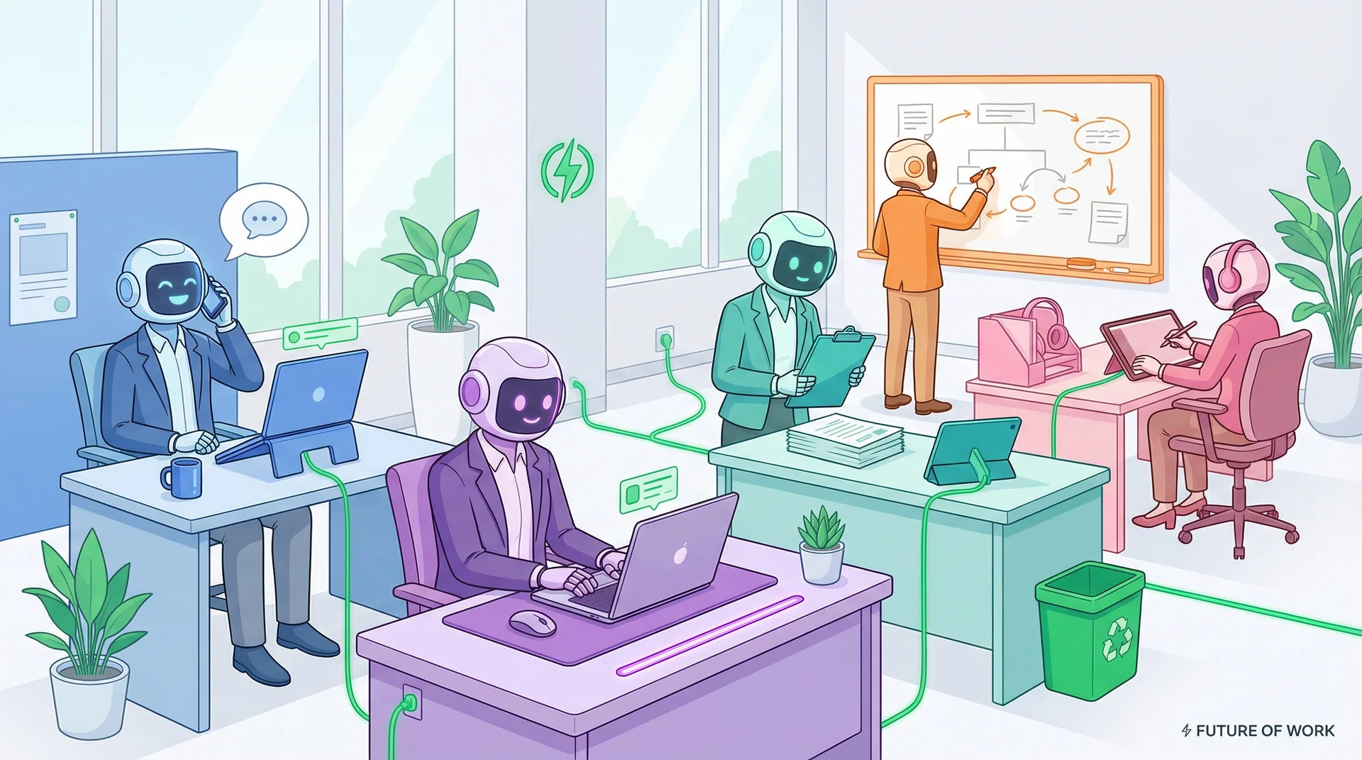 Stylized AI worker avatars in a modern office — robot-human hybrid figures at colorful workstations with emerald green highlights, representing a full AI workforce with distinct roles